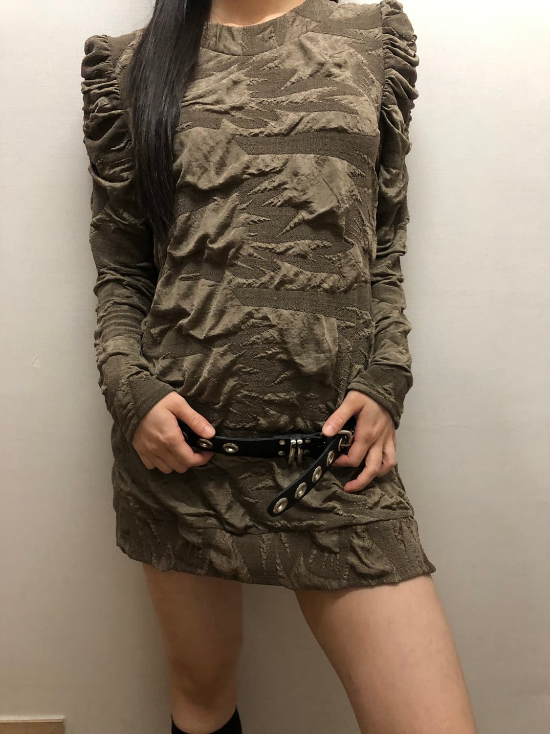 빈티지 카키 텍스쳐 미니 원피스 상품이미지4