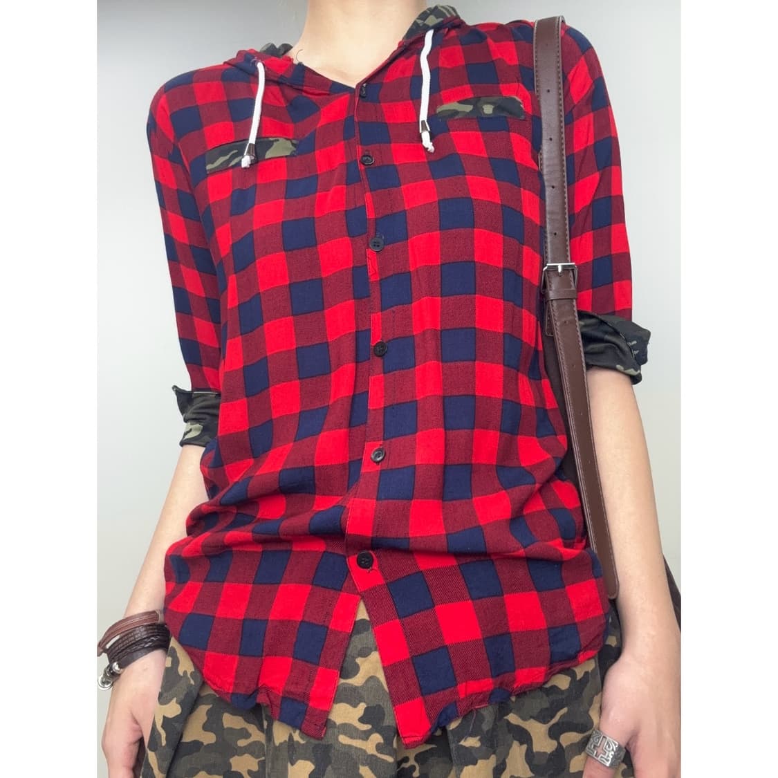 빈티지 체크 카모 후드 셔츠 y2k 상품이미지1