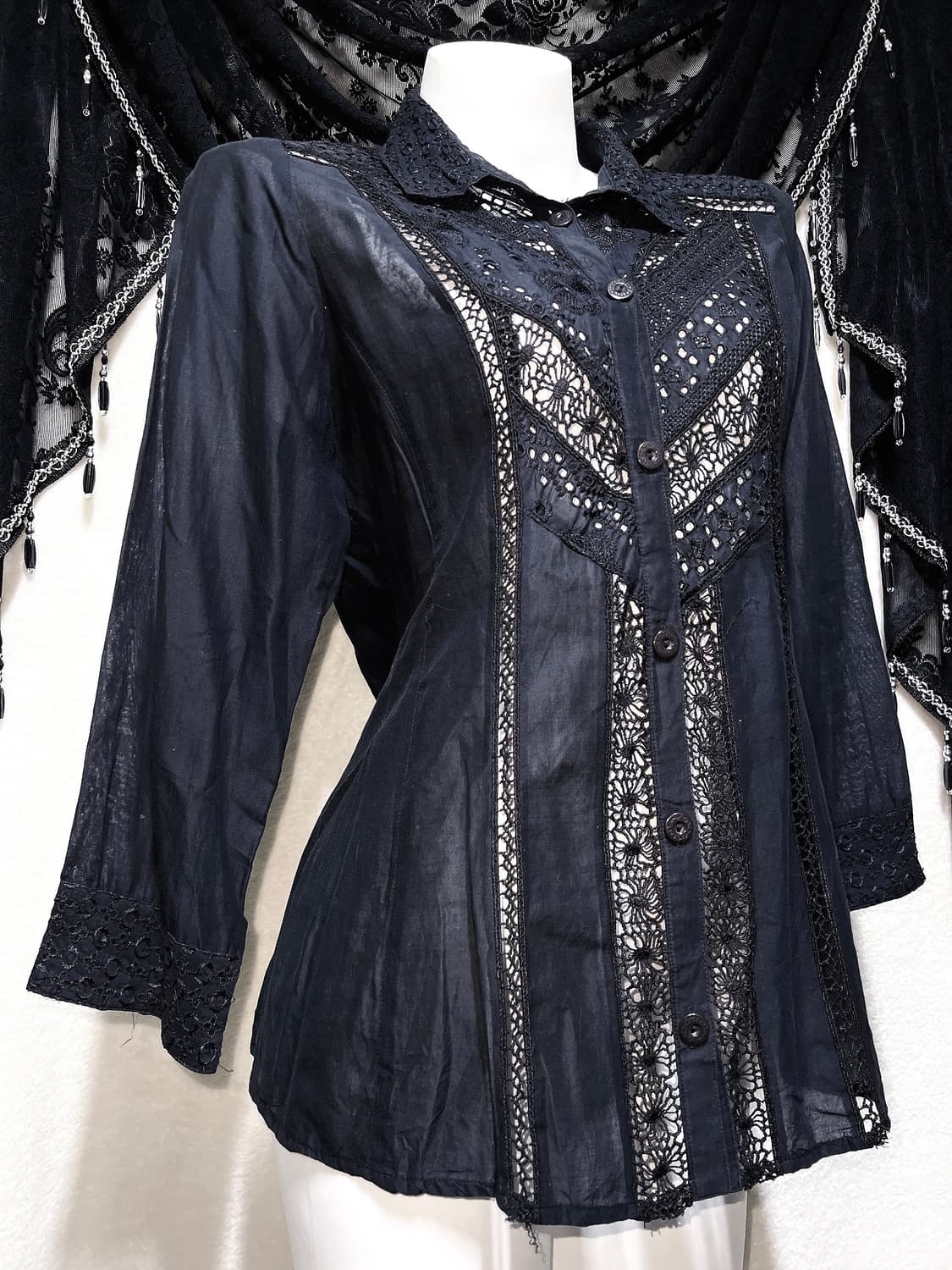 오리엔탈 고스펑크 고딕 레이스 펀칭 블랙 블라우스 중티 다크페어리 핀터 상품이미지2