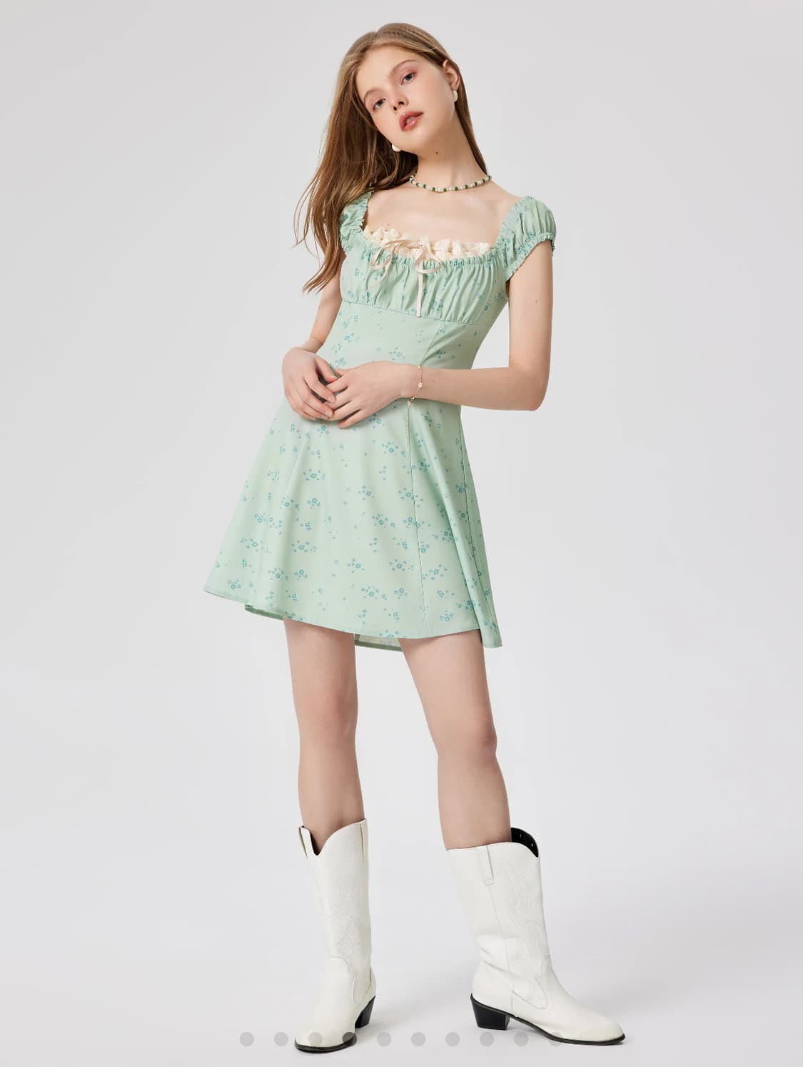 Floral U-neckline knotted mini dress XXS 상품이미지4