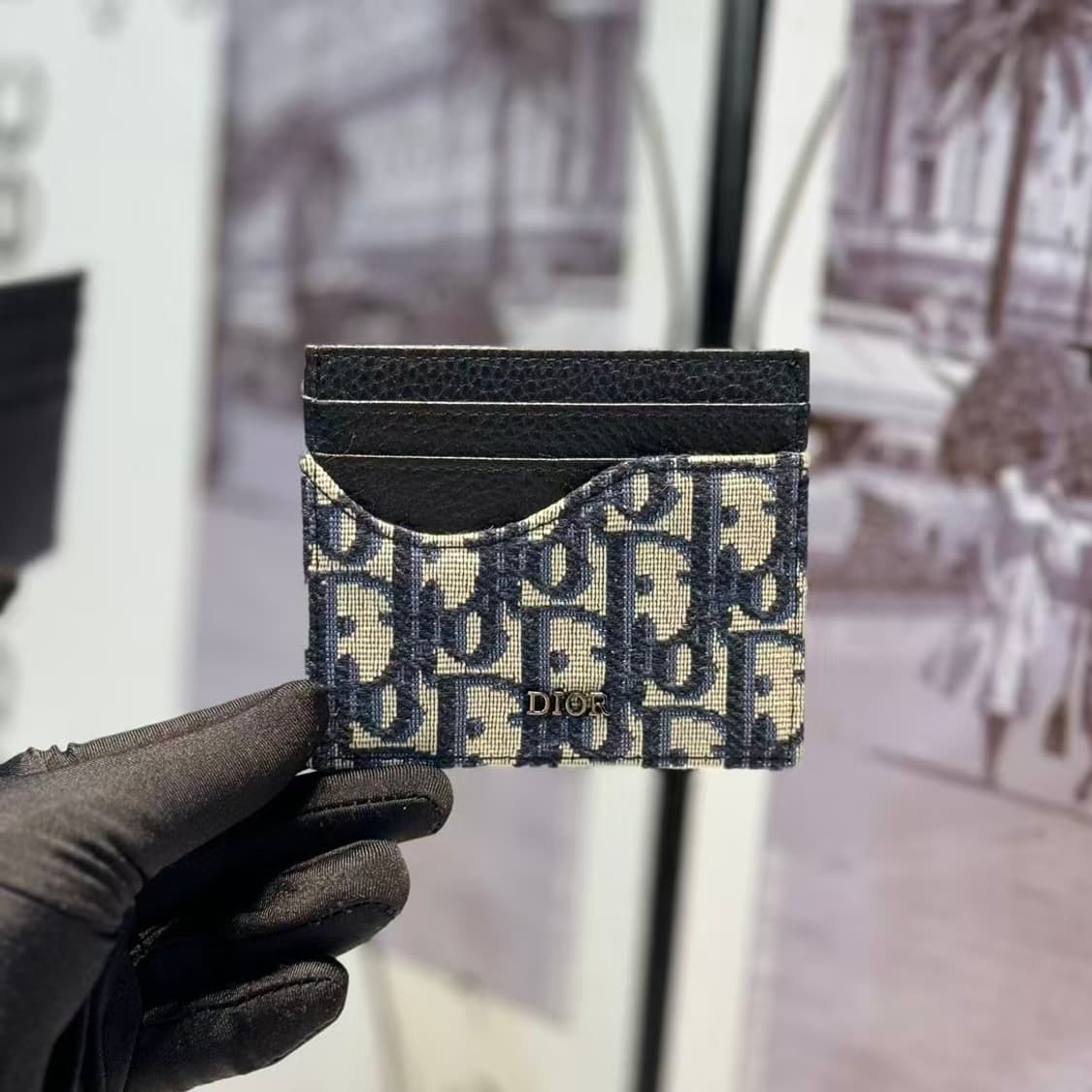  카드 홀더 블랙 그레인드 카프스킨 베이지 블랙 디올 오블리크 자카드 상품이미지2