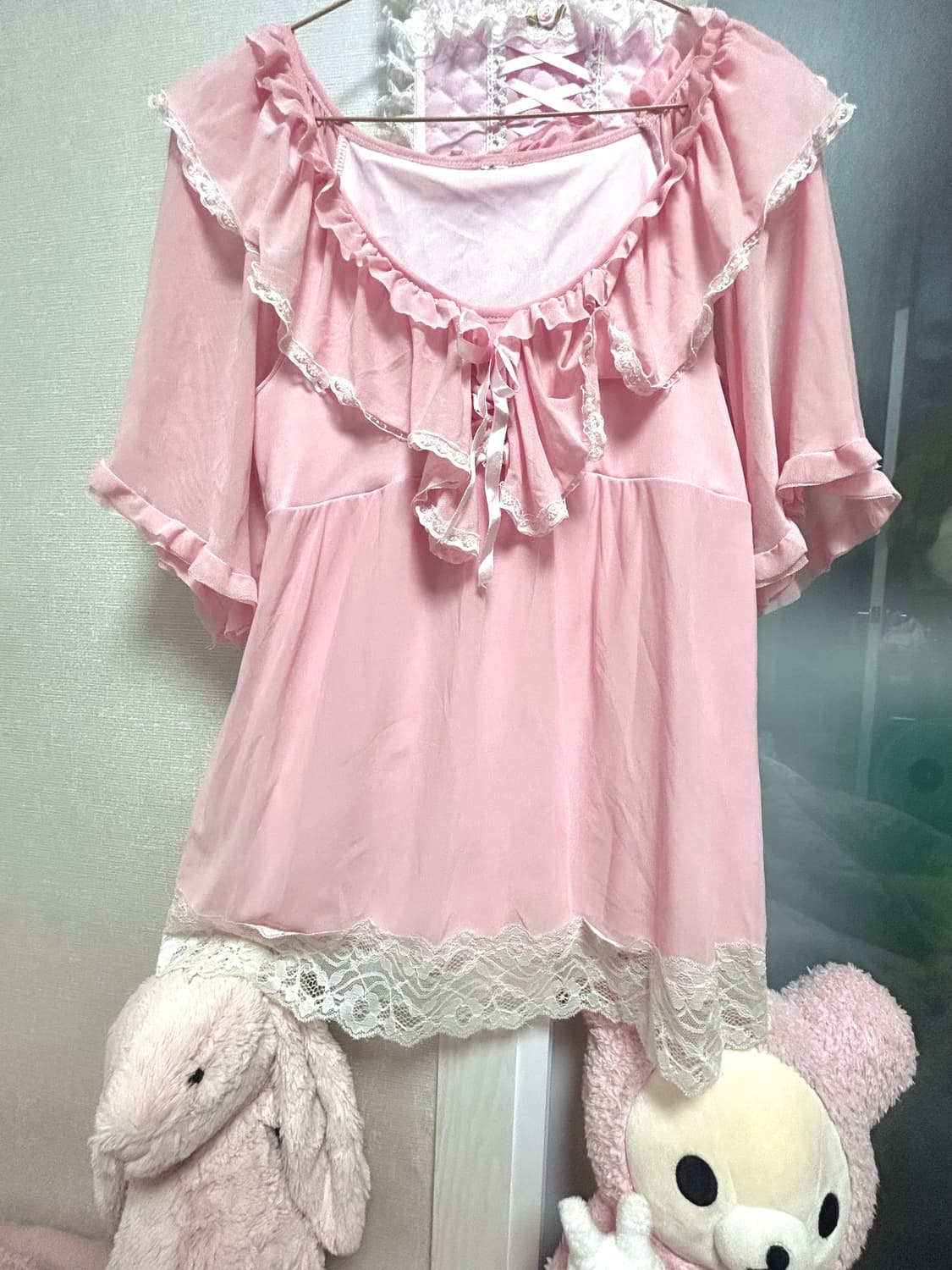 대대장템 빈티지 히메갸루 레이스 프릴 핑크 블라우스 상품이미지1