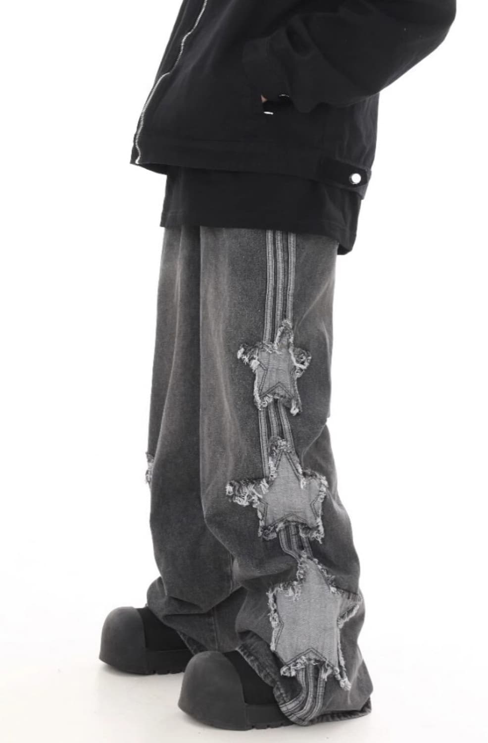 레블 스타 스트라이프 패치 와이드 데님 팬츠 블랙 상품이미지2