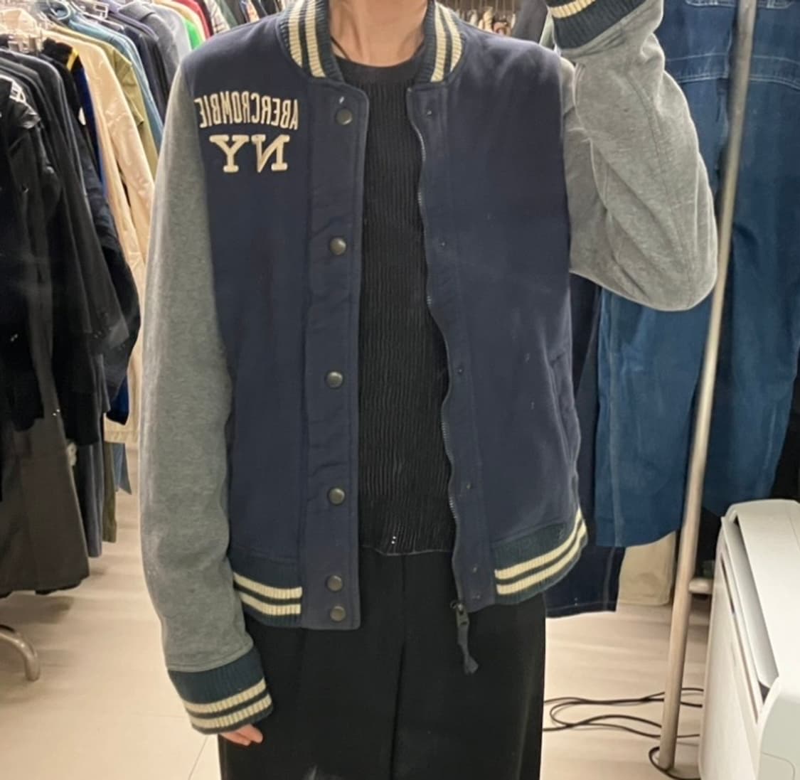 아베크롬비 네이비 그레이 배색 바시티 자켓 M 상품이미지8