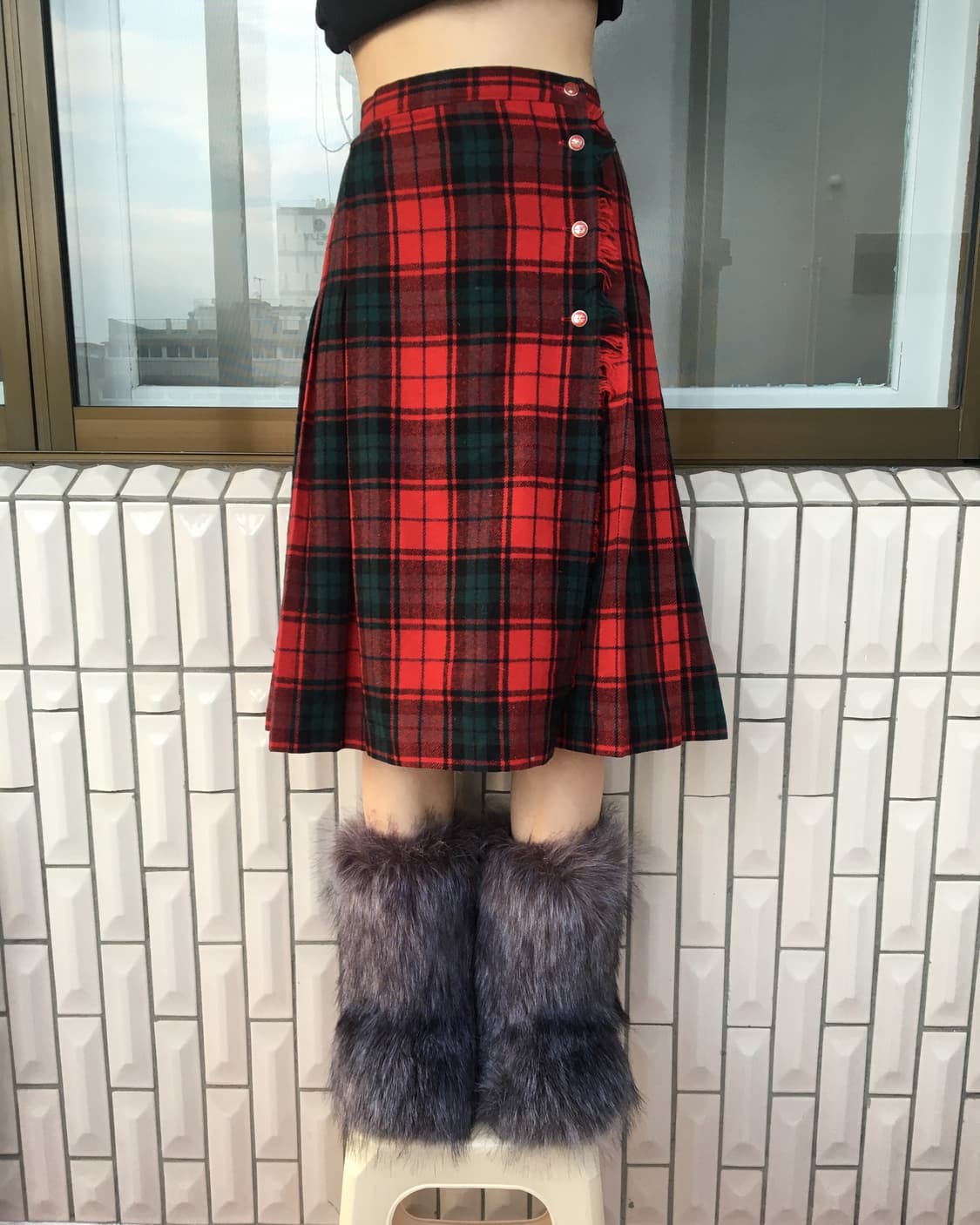 Fringe point woolen check pattern wrap s 상품이미지5