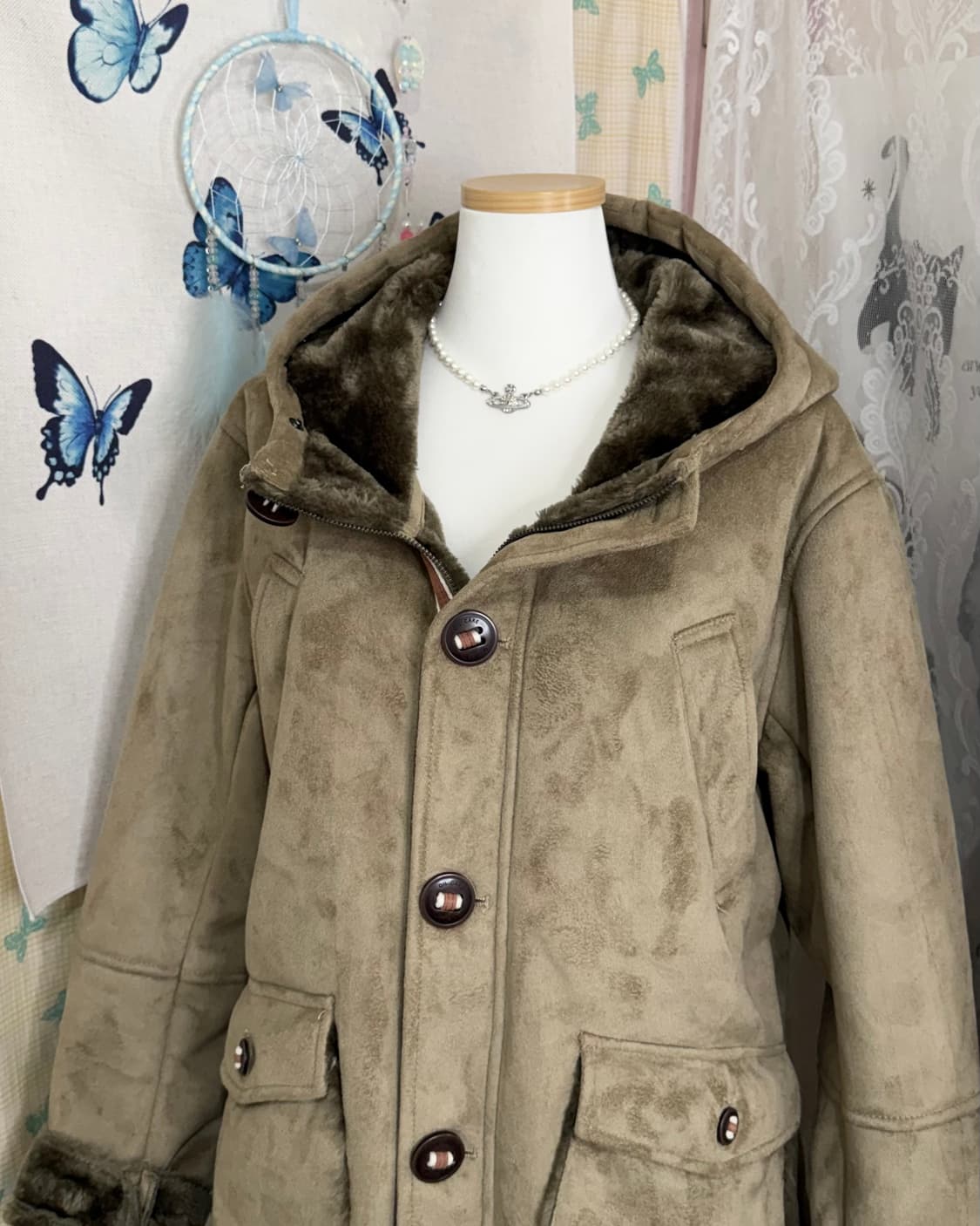 베이지 무스탕 후드 자켓 상품이미지6