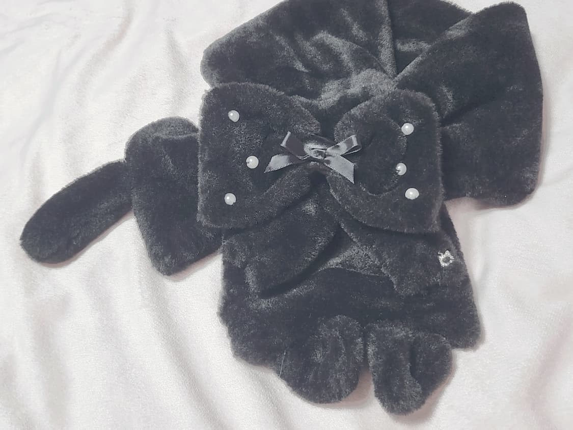 검은 고양이 블랙 쿠로 네코 리본 진주 퍼 목도리 머플러 양지뢰 갸루 상품이미지2