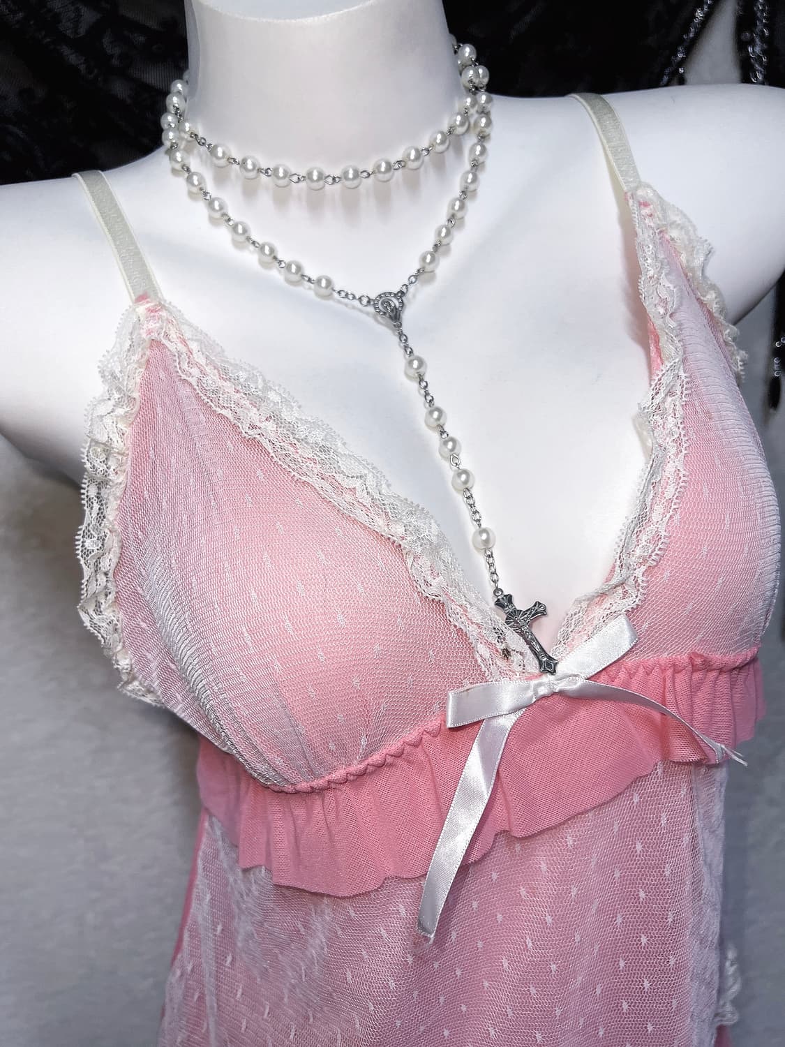 히메갸루 로맨틱 로걀 핑크 도트 레이스 프릴 슬리브리스 나시 슬립 핀터 상품이미지6