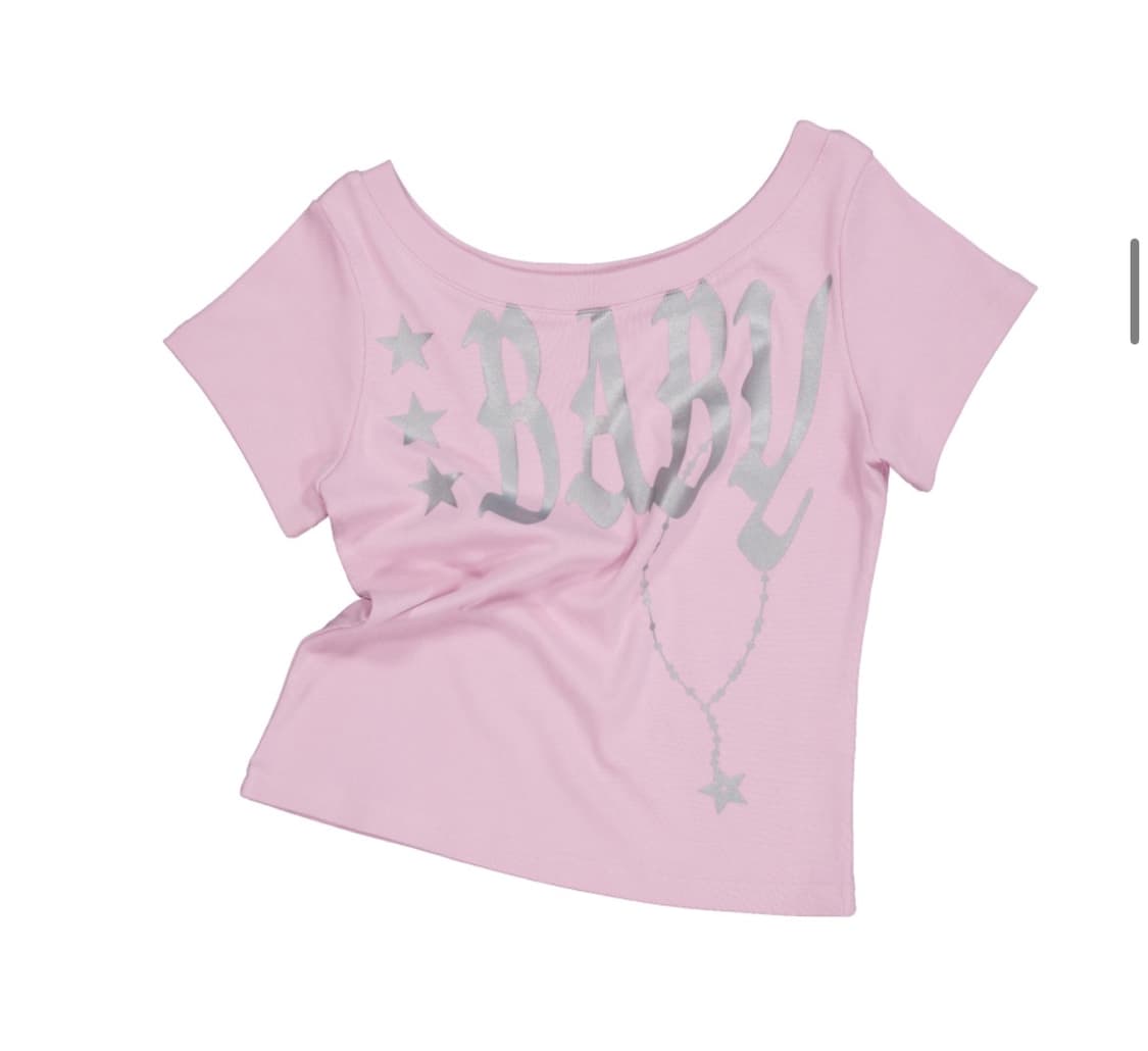 셋업이엑스이 베이비 와이드 넥 탑 핑크 원오프숄더 반팔 티셔츠 상품이미지1