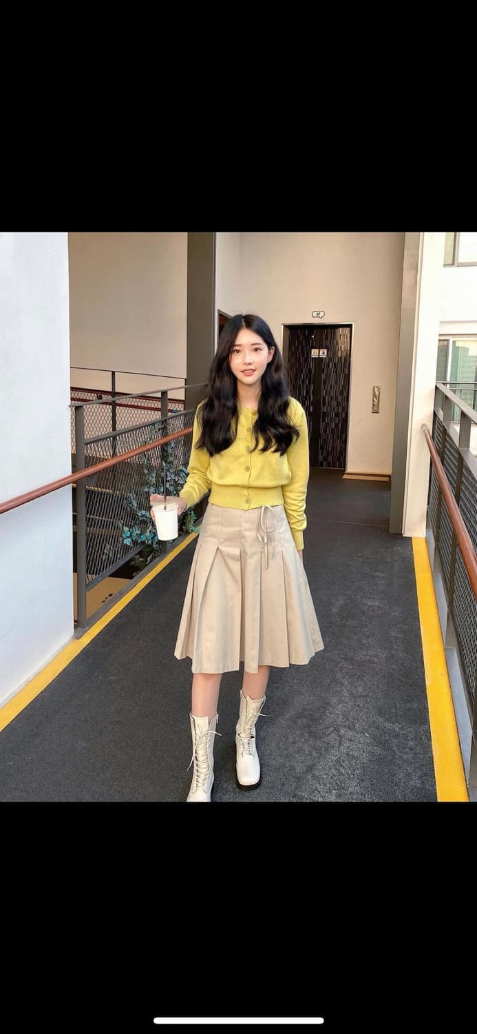 에이딘에이블 베이지 플리츠 리본 미디 스커트 상품이미지1