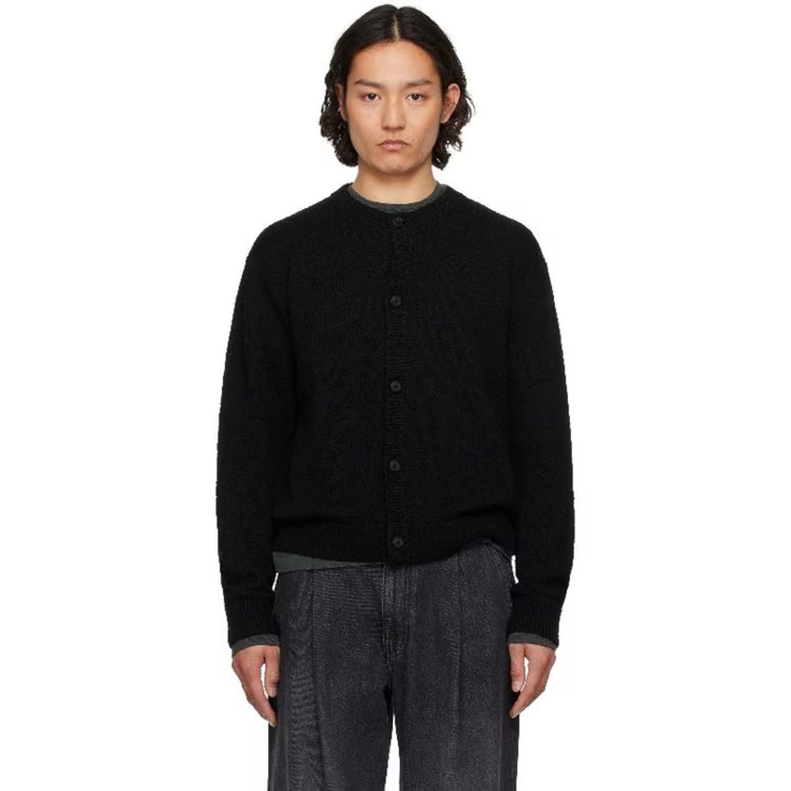 [48] 솔리드옴므 25SS 블랙 코튼 부클 라운드넥 가디건 상품이미지1