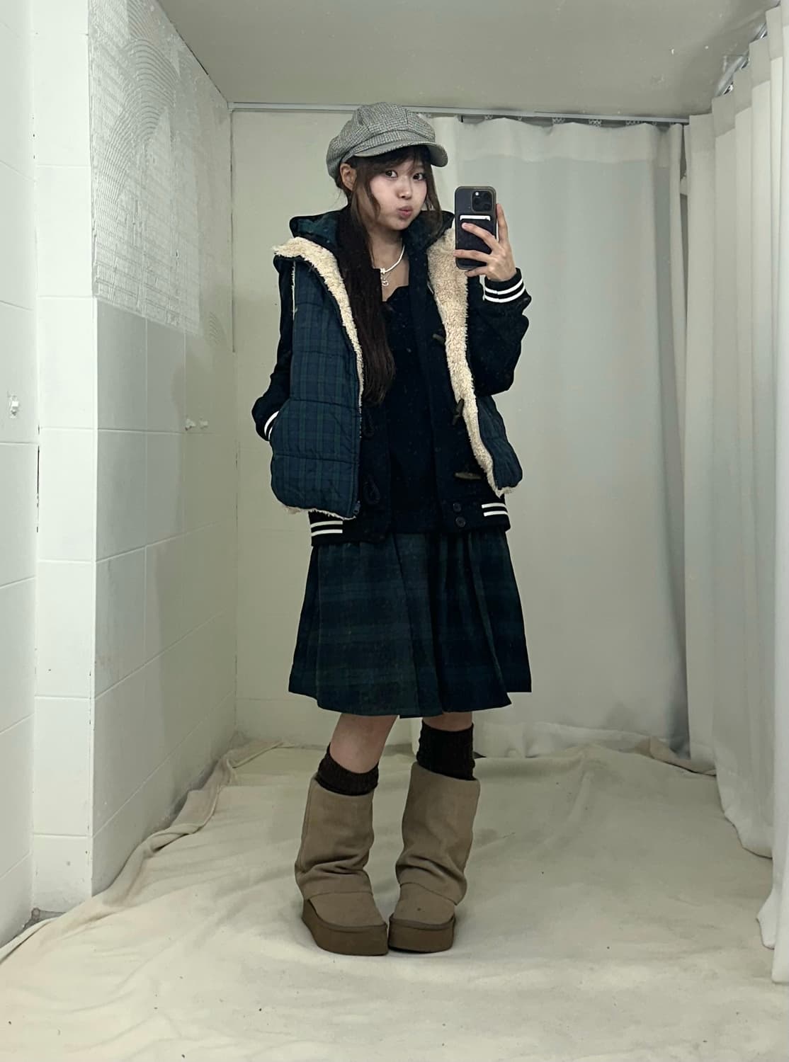 그린체크 모리걸 프레피 패딩조끼 코디세트 상품이미지1