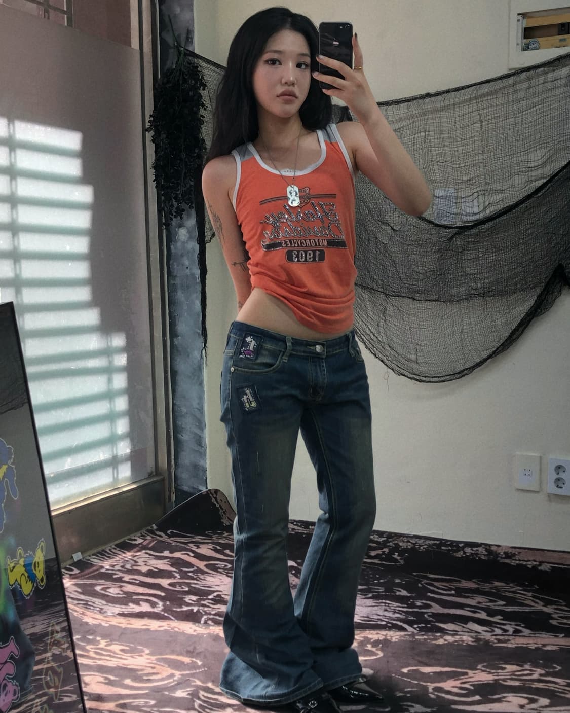 00’s Y2K 큐빅 자수 패치 워싱 부츠컷 팬츠 상품이미지3