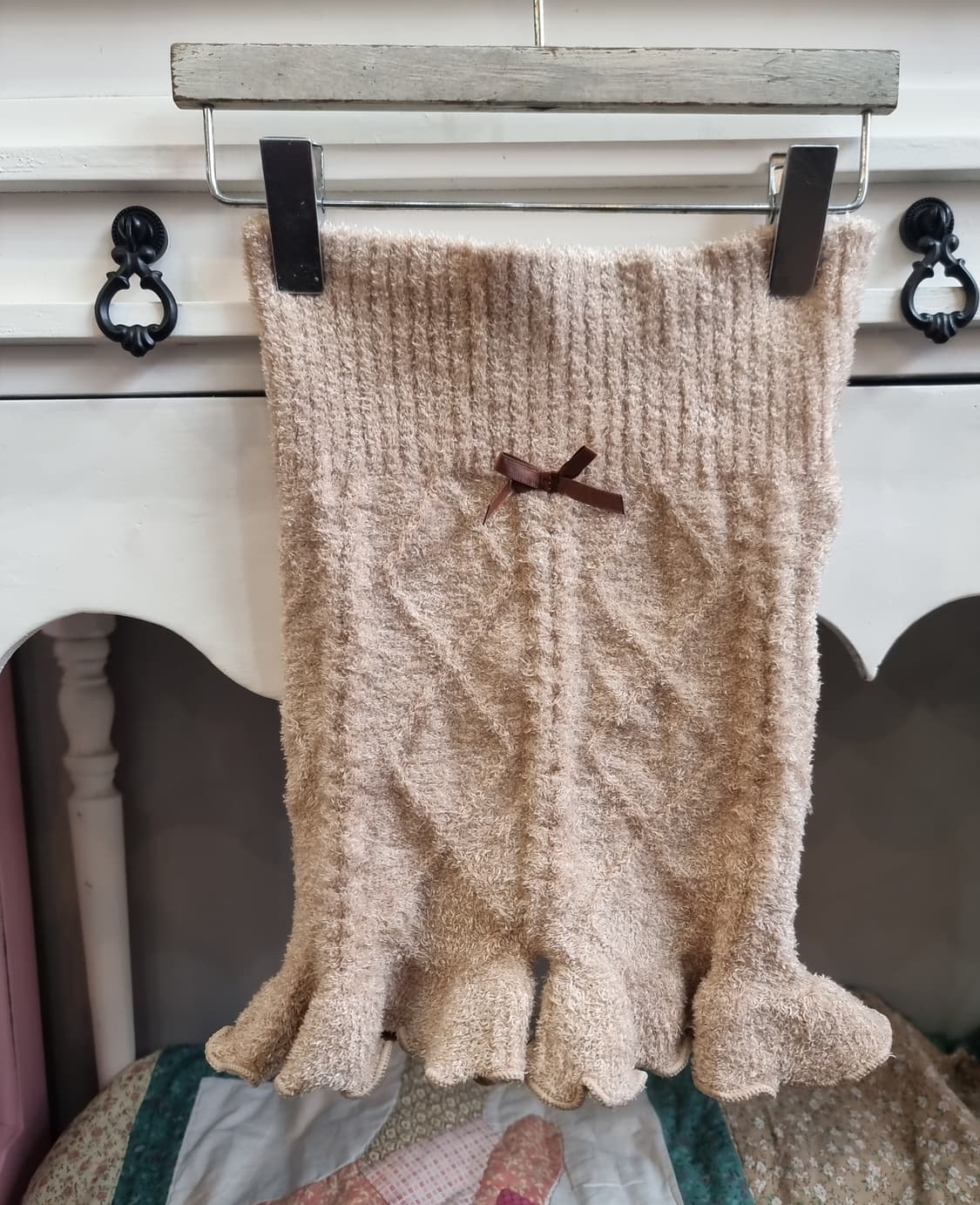 니트 레그워머 리본 장식 베이지 상품이미지1