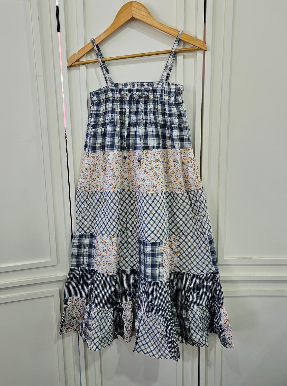 패치워크 체크 플라워 끈 원피스 상품이미지1