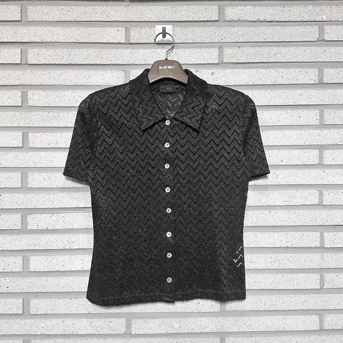 JPN VINTAGE 니트 셔츠 웨이브 텍스쳐 디테일 블랙 상품이미지1