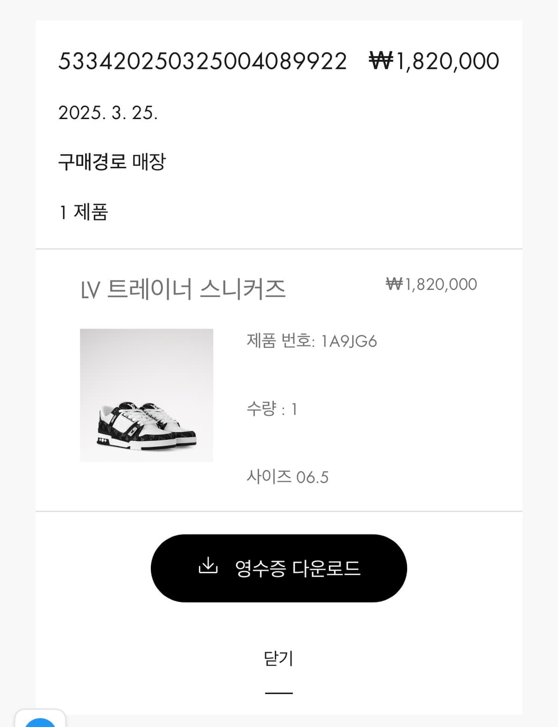 루이비통 LV 트레이너 스니커즈 블랙/화이트 255 상품이미지9