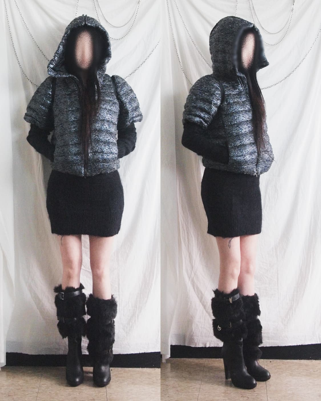 미우미우 하프슬리브 글리터 트위드 크롭 후드 패딩 상품이미지2