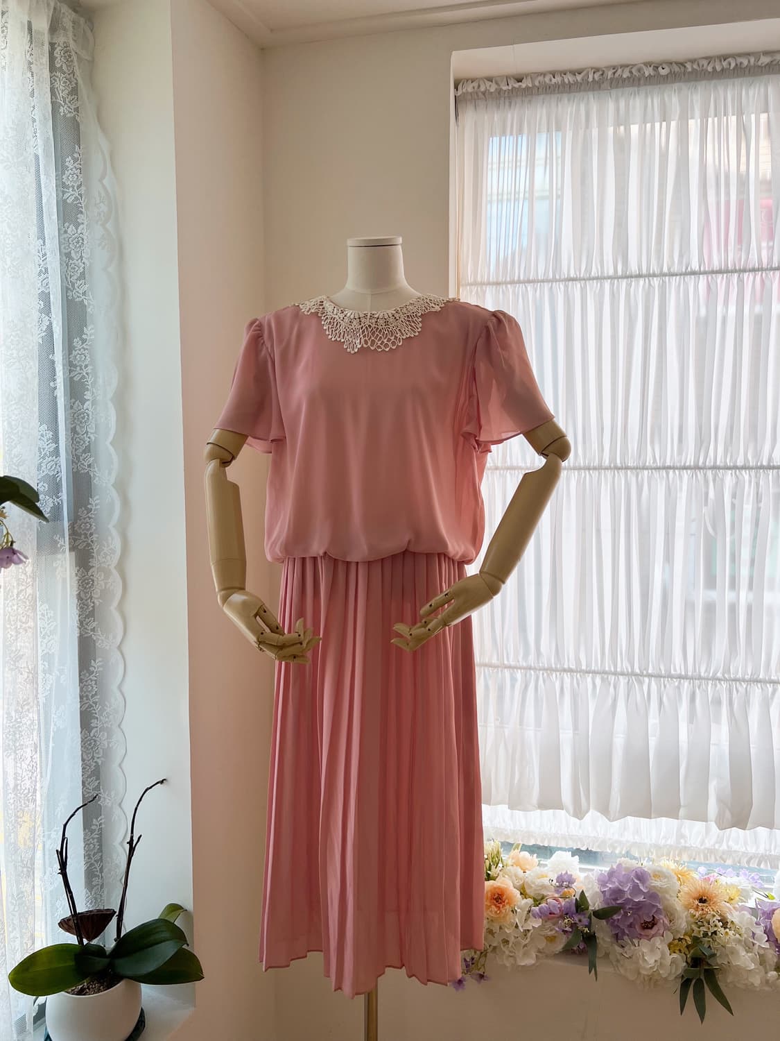 레이스 카라 핑크 플리츠 원피스 상품이미지8