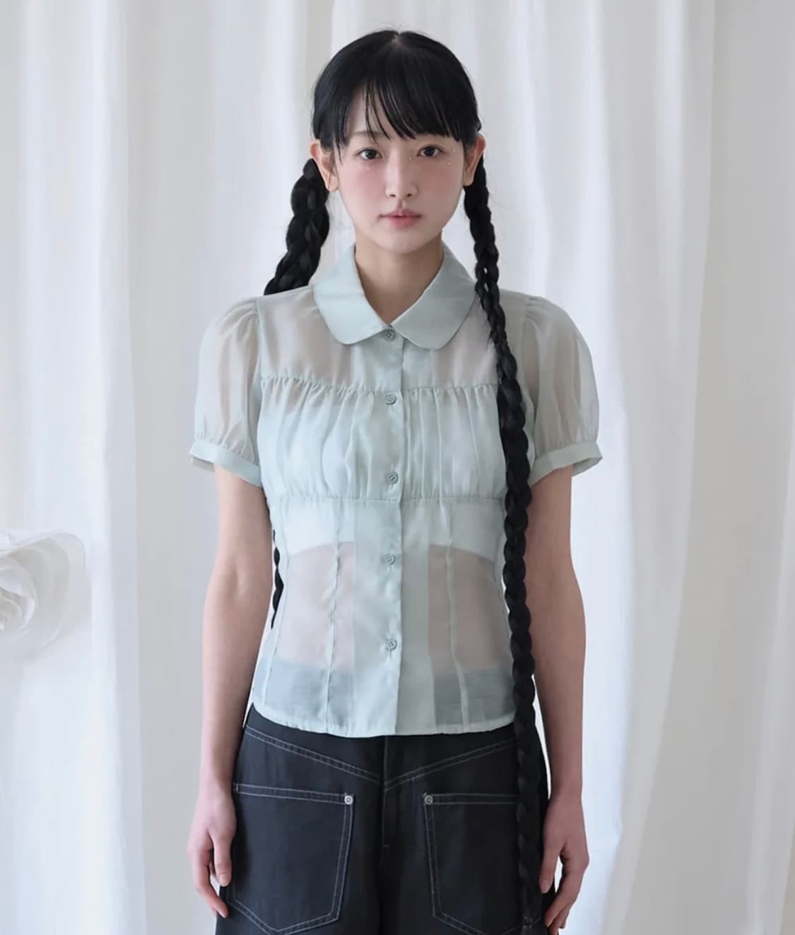 미레코 SHIRRING SHEER BLOUSE PISTACHIO 상품이미지1