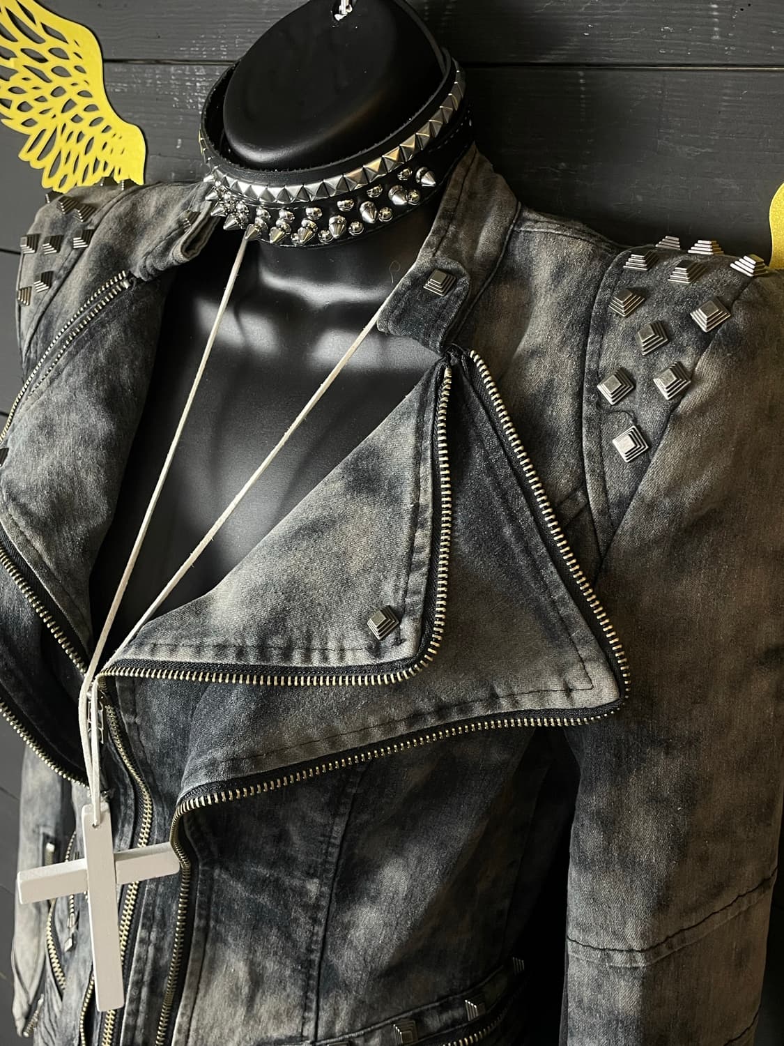 SHALANG 펑크 데님 워싱 흑청 스터드 지퍼 자켓 상품이미지6