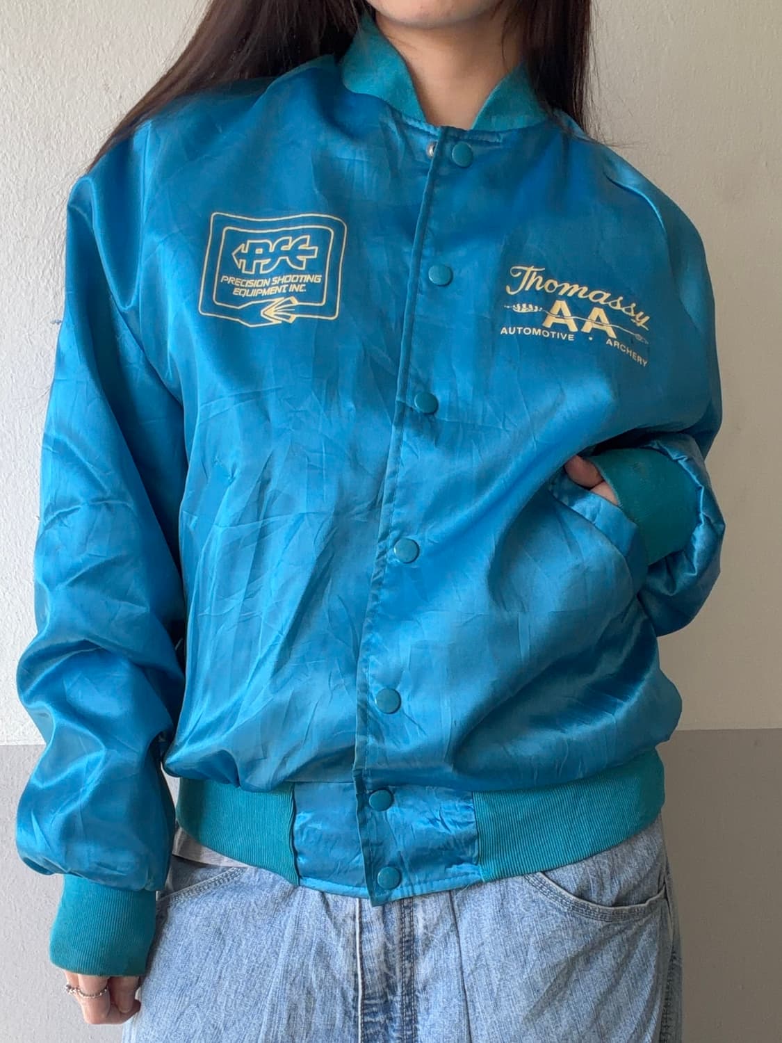 90s 빈티지 올드스쿨 블루 유광 스타디움 자켓 상품이미지1