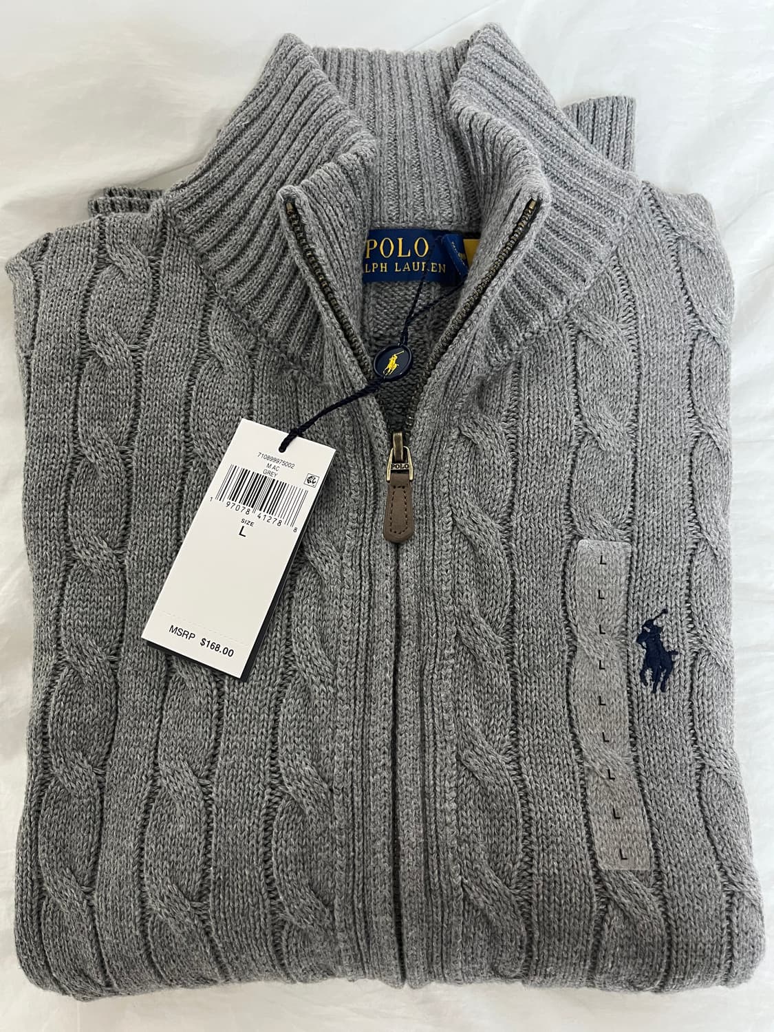 폴로 케이블 니트 코튼 풀 지퍼 스웨터 가디건 그레이 L 상품이미지4
