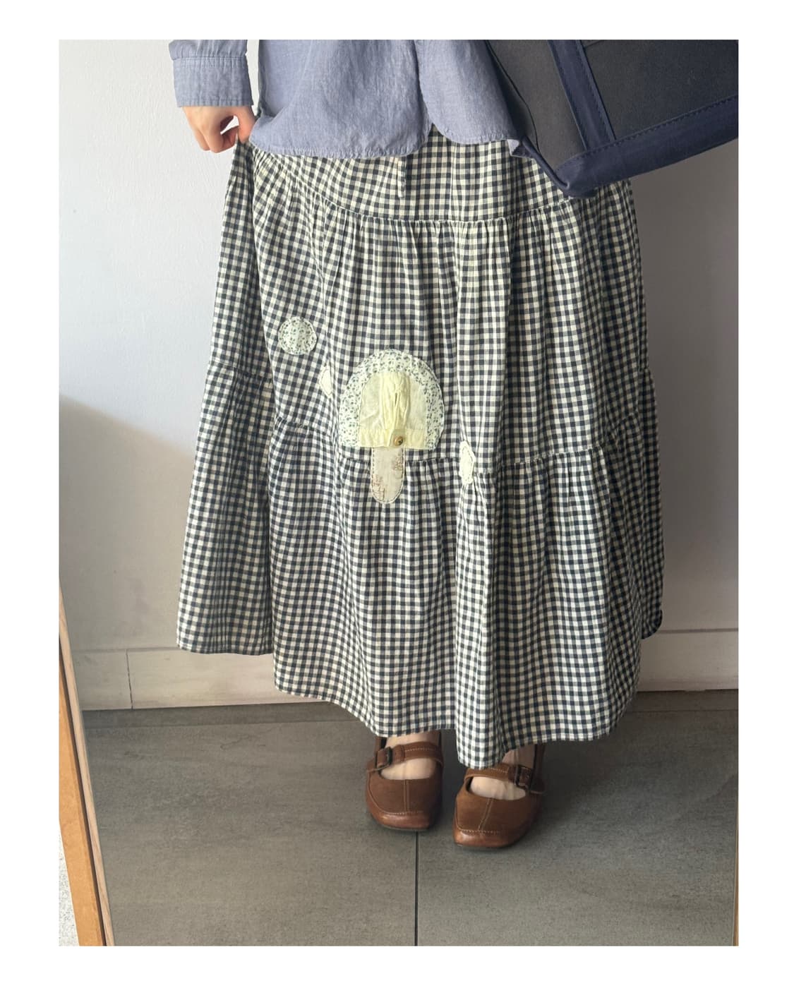 일본빈티지 +수작업패치 버섯패치 깅엄체크 캉캉스커트 상품이미지1