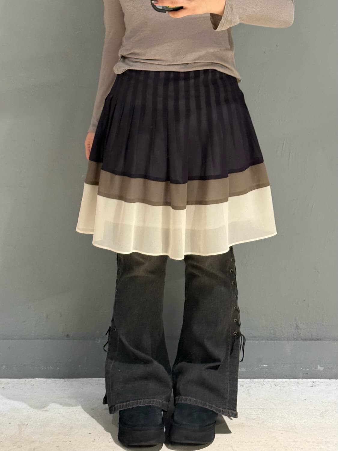 color mix pleats flare-fit skirt  상품이미지1