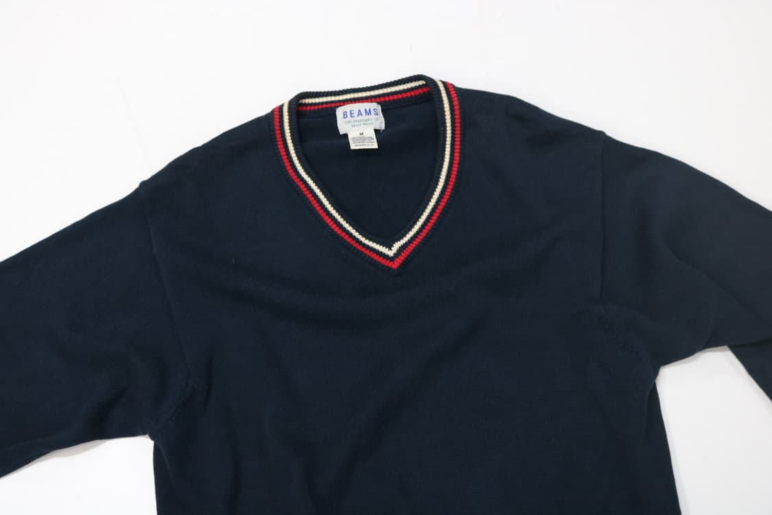BEAMS 빔즈 빈티지 트리콜로 라인 브이넥 코튼 니트 (M) 상품이미지3