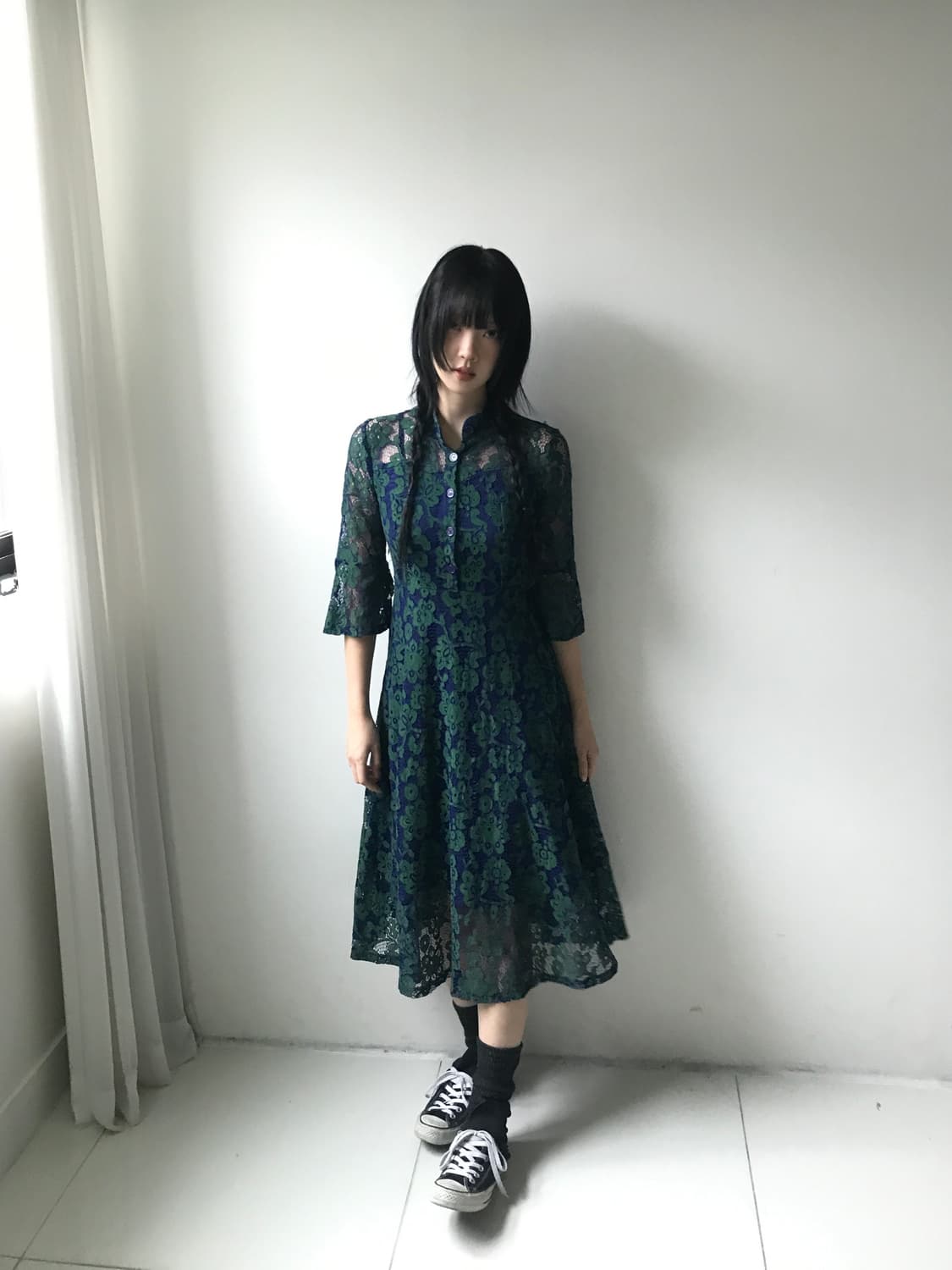 Lace collar flower dress(bluish green) 상품이미지3