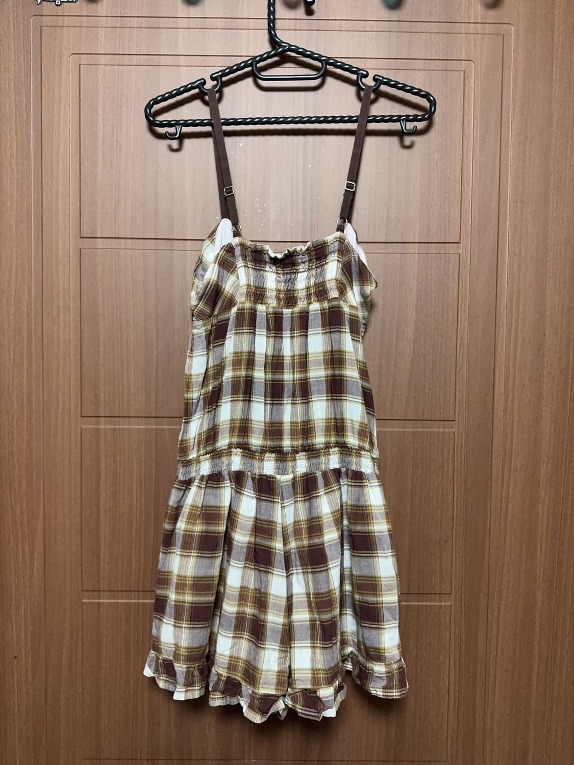 빈티지 모리걸 라떼갸루 체크 브라운 멜빵 원피스 상품이미지3