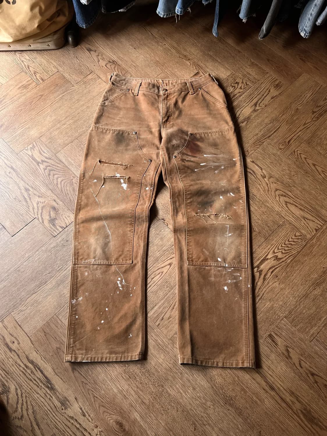 [34]칼하트 USA 빈티지 데미지드 페인팅 브라운 더블니 워크 팬츠 상품이미지1