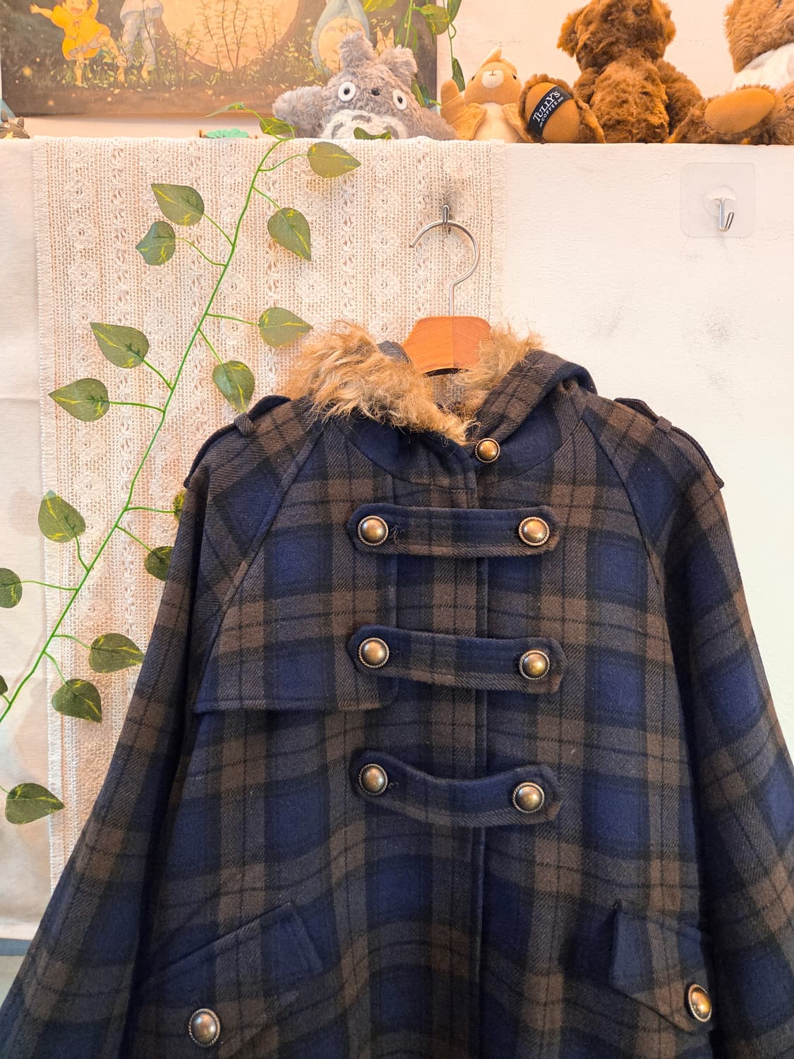 초코 네이비 체크 케이프 코트 상품이미지2