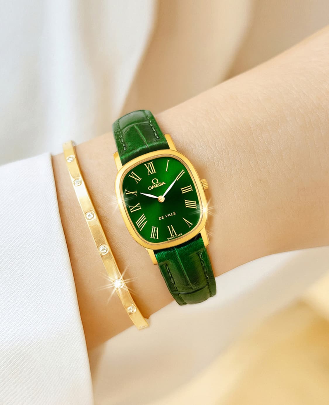 오메가 드빌 엘립스 그린판 골드 로만 여성용 수동 시계 상품이미지1