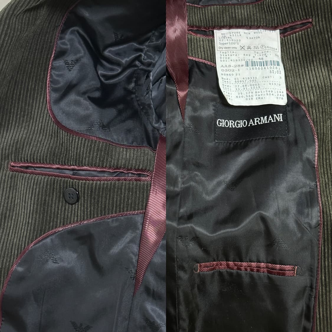 20FW)조르지오 아르마니 블랙라벨 120수 울실크 코듀로이 블레이저/4 상품이미지8