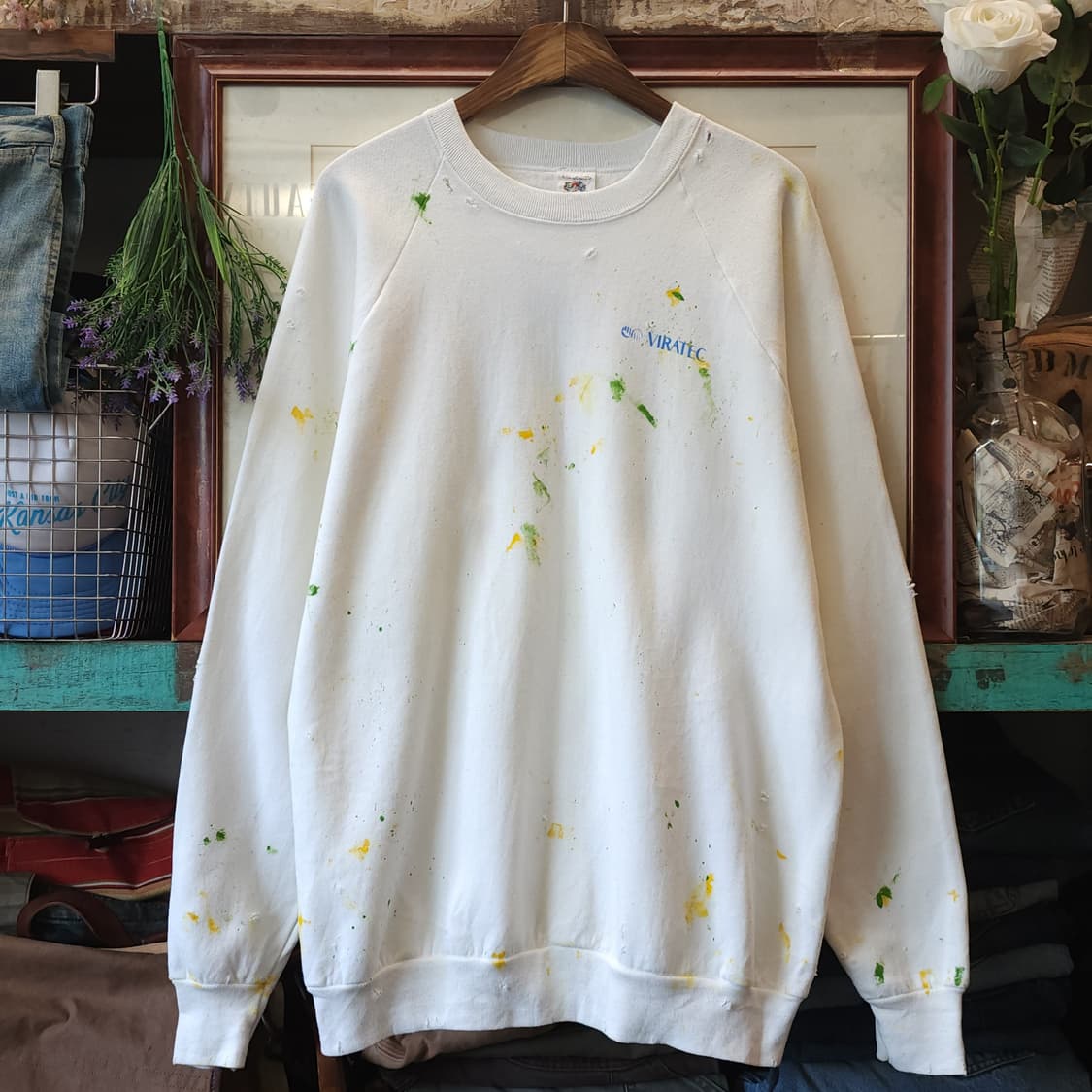 90s 빈티지 스웻셔츠 플레인 스웻셔츠 페인팅 데미지 화이트 L 상품이미지1