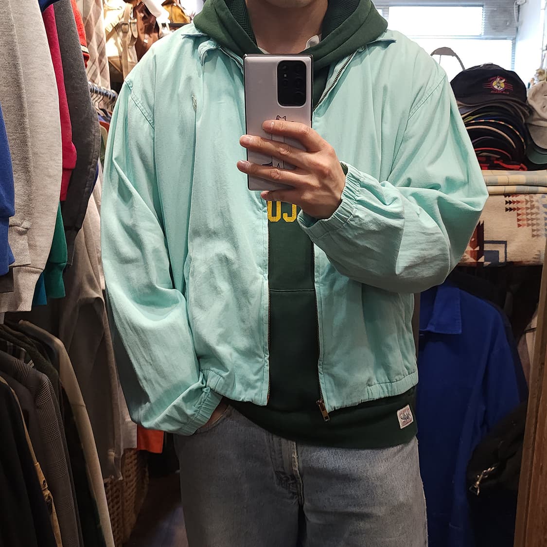 90s 폴로 스윙톱 자켓 스포츠자켓 usa 메이드 썸머코튼 민트색 L 상품이미지10