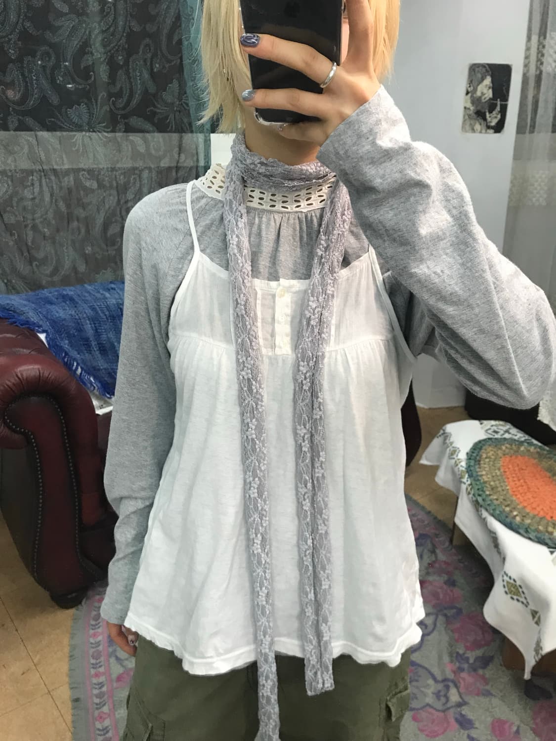 그레이 레이스 디테일 스카프  상품이미지2