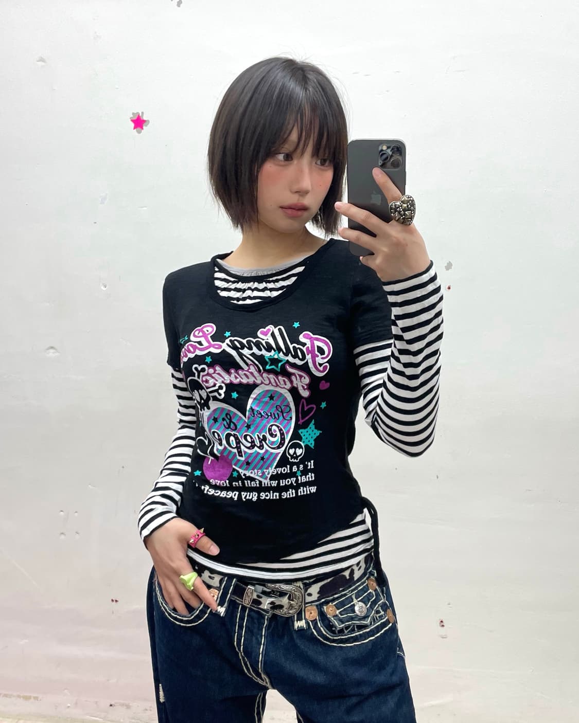 Layered Stripe Skull Strap Long Sleeve 상품이미지1