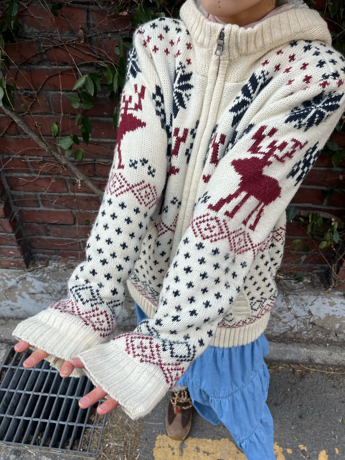 노르딕 패턴 양털 니트 후드 집업 아우터 상품이미지2