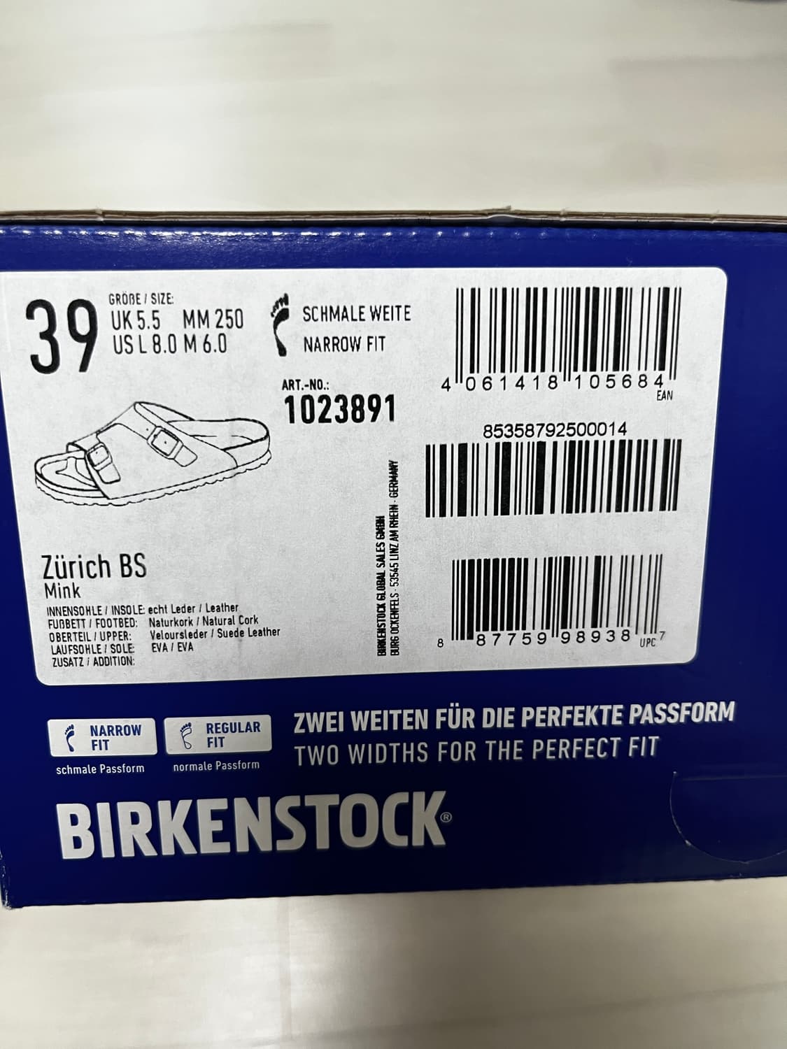 250/새상품) 버켄스탁 취리히 밍크 내로우 판매. 상품이미지3