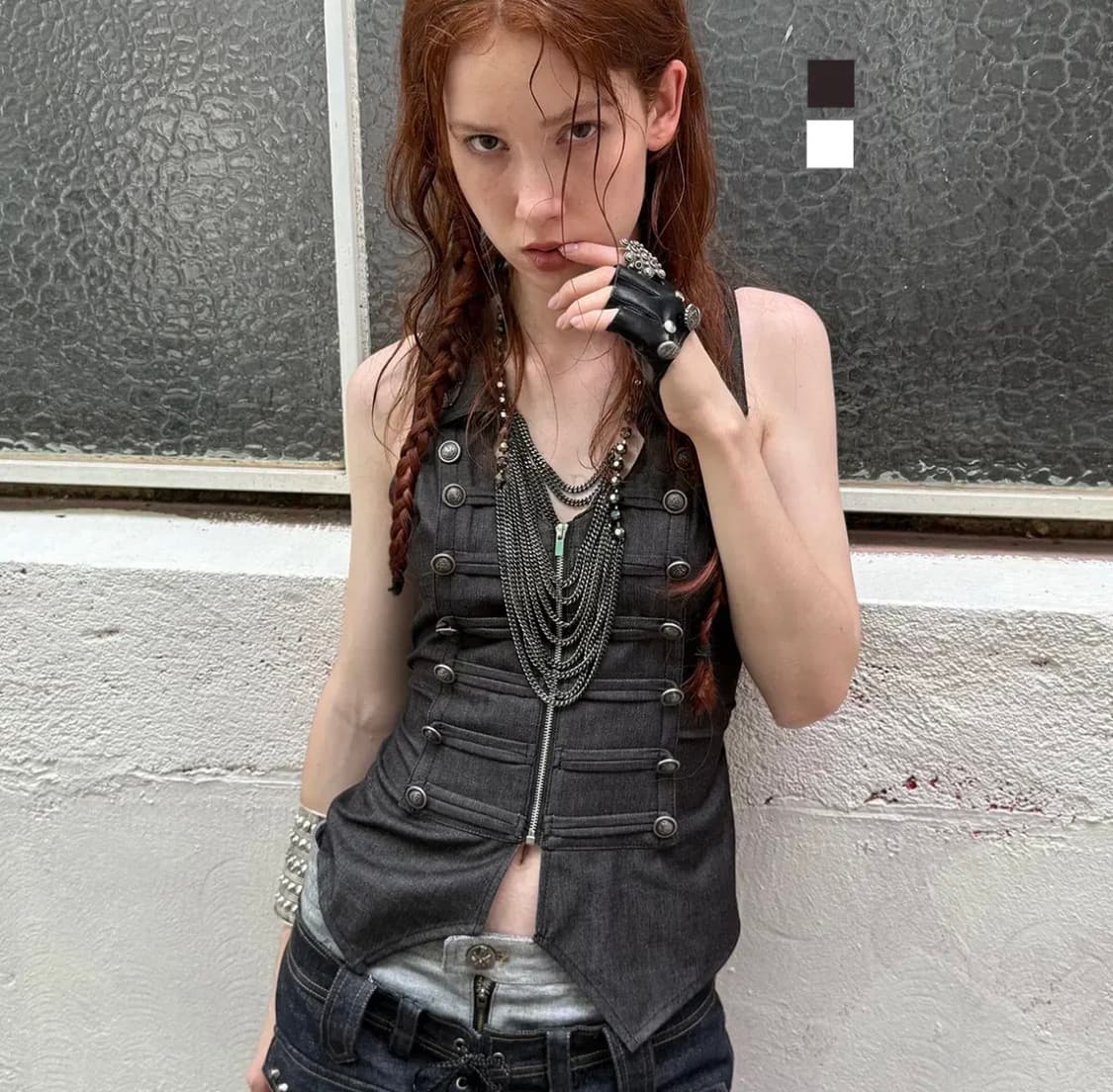 더블펀치 V넥 메탈 더블브레스트 라펠 조끼 상품이미지1