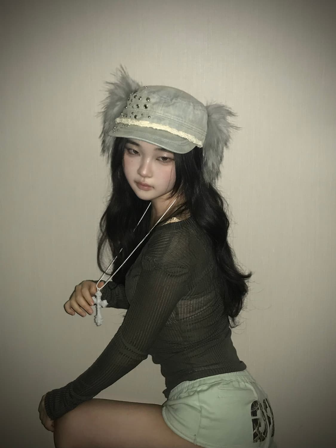 Studded Denim Cap with Faux Fur 상품이미지1