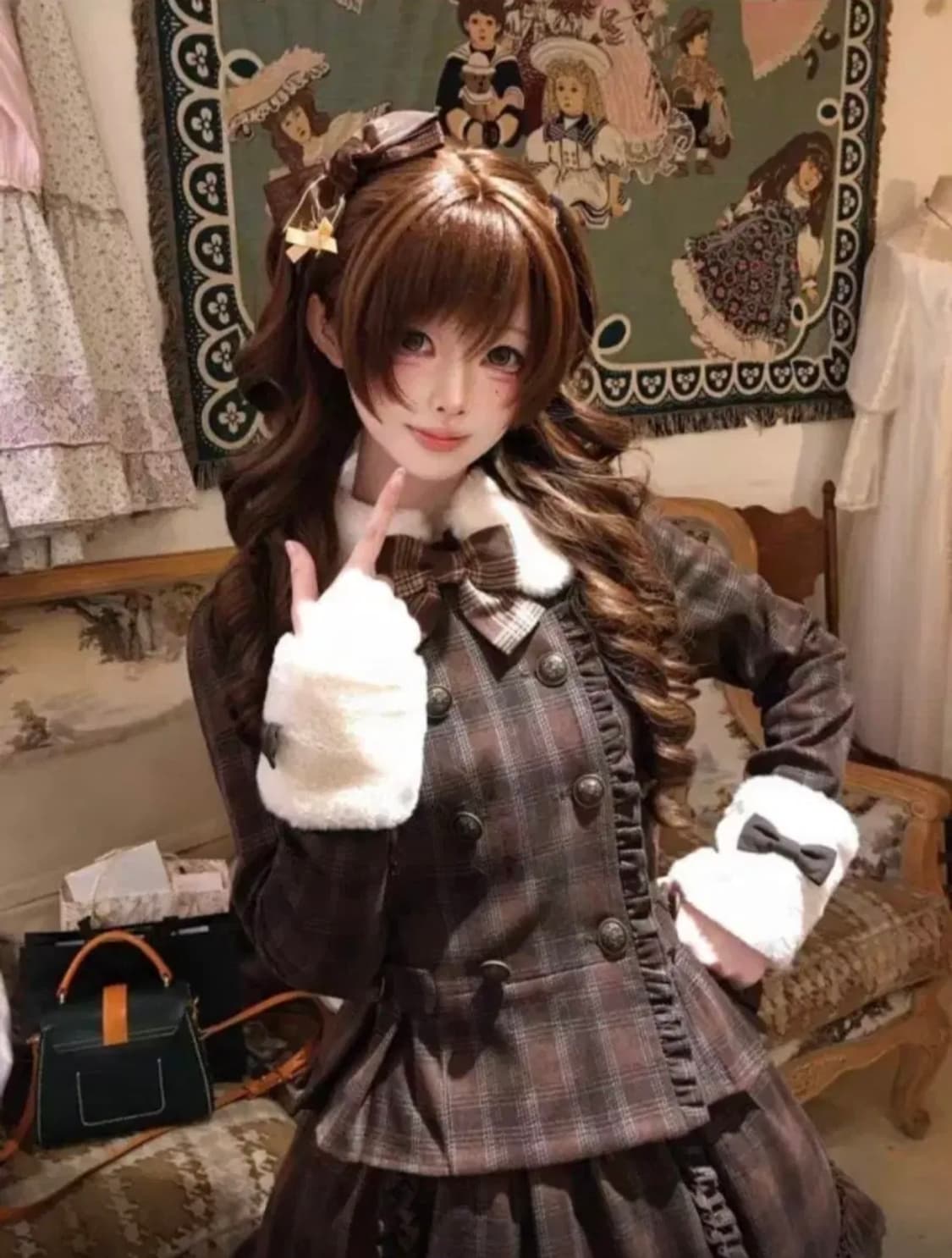 브라운 체크 로리타 투피스 세트 라떼갸루 초코 빈티지 갸루 러블리히메갸루 상품이미지2