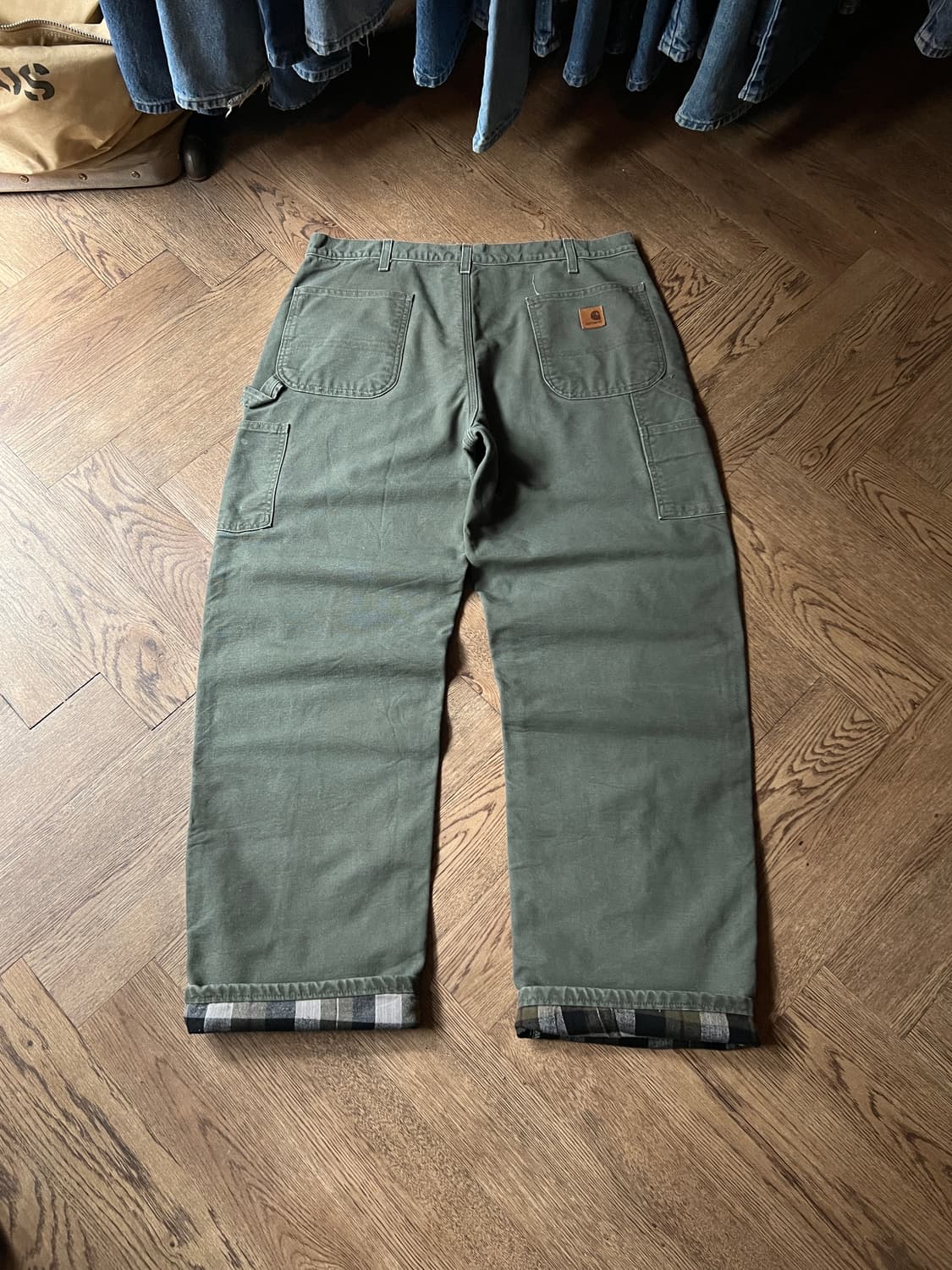 [38]칼하트 USA 체크 라이닝 모스그린 싱글니 카펜터 워크 팬츠 상품이미지2