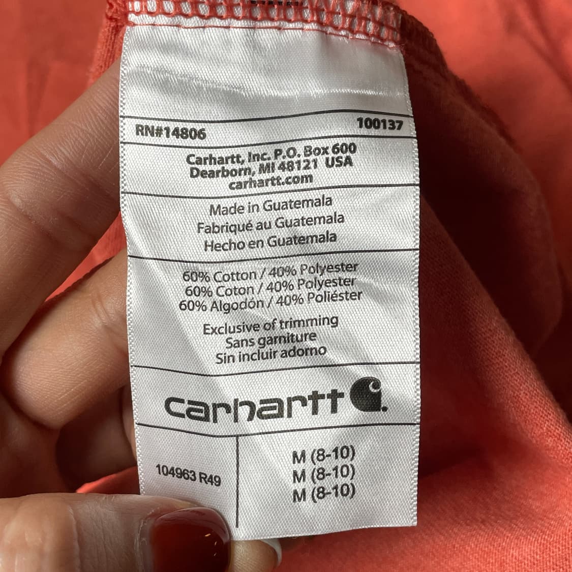 CARHARTT 칼하트 빈티지 오렌지코랄 코튼 긴팔 티셔츠 A00490 상품이미지9