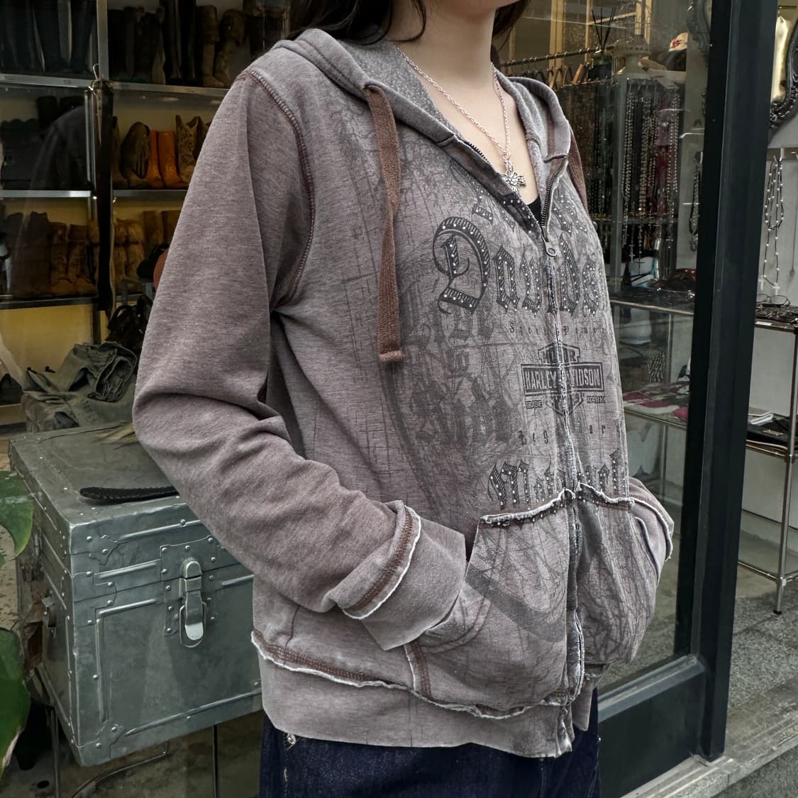 2000s 할리데이비슨 브라운 그래픽 후드 집업 상품이미지7