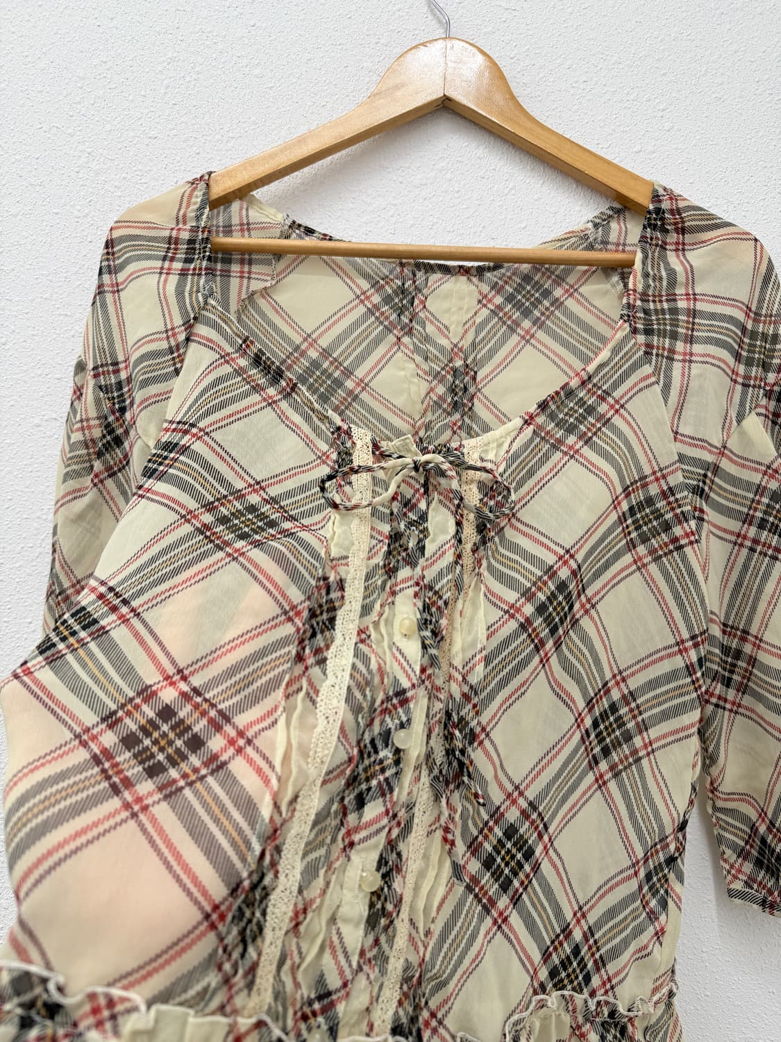 빈티지 olive des olive 체크 시스루 프릴 블라우스 상품이미지4