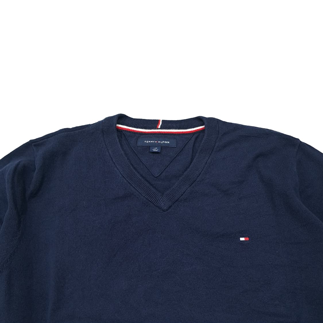 CL219 L 타미힐피거 코튼 삼색테이핑 네이비 브이넥 니트 스웨터 상품이미지2